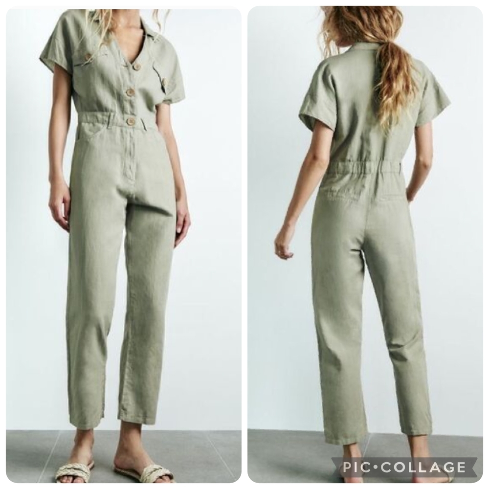 Zara Green Linen Cotton Short Sleeve Button Front Jumpsuit